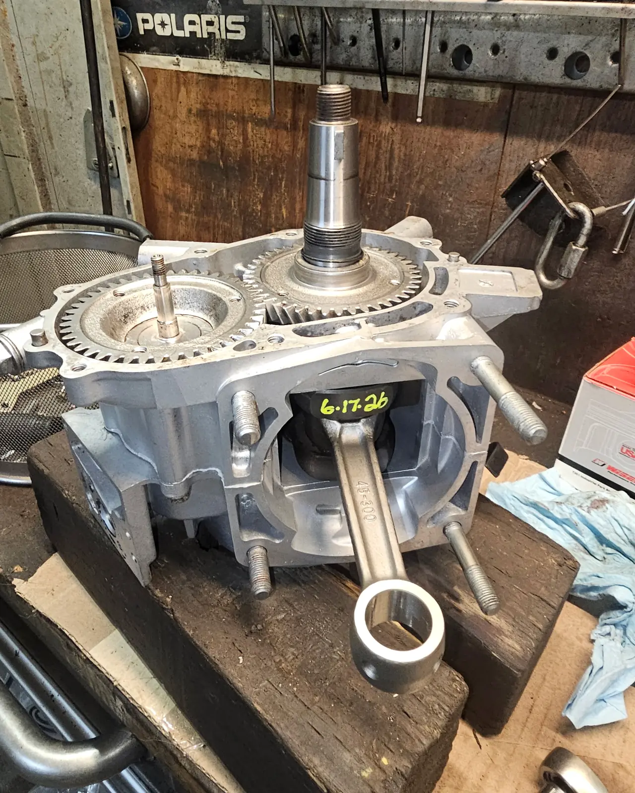 Freshly assembled Polaris bottom end showing the rebuilt crank, connecting rod and counterbalance gear train