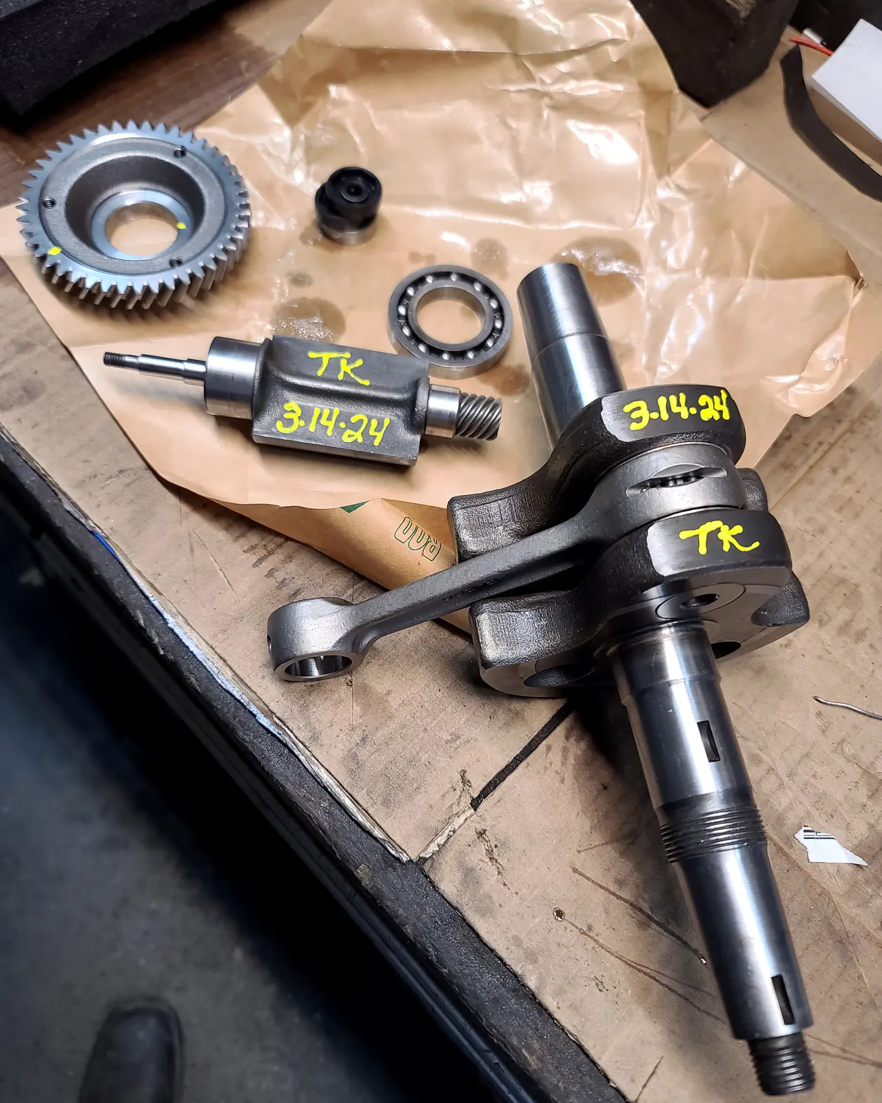 Rebuilt Polaris crankshaft, connecting rod and drive gear marked and dated in Todd's yellow paint pen