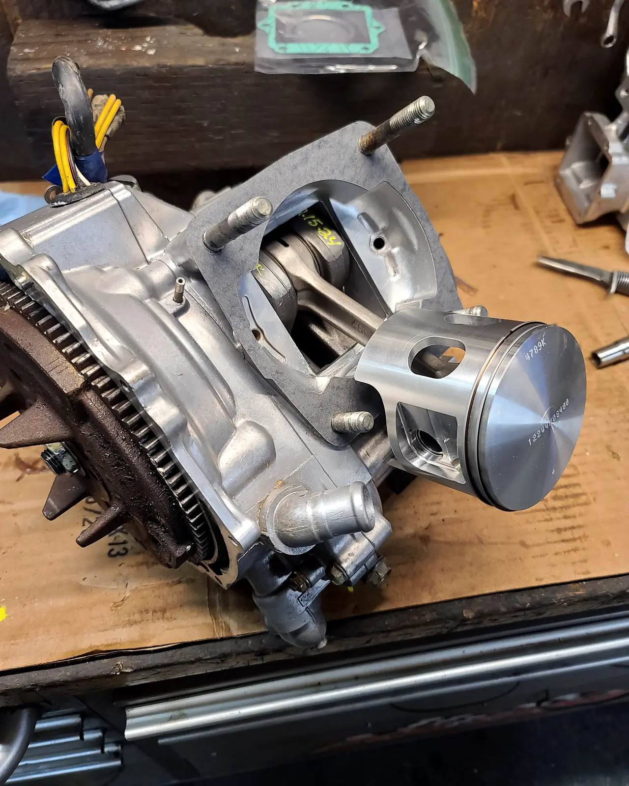 Polaris engine with the cylinder fitted and the clutch and drive belt side exposed